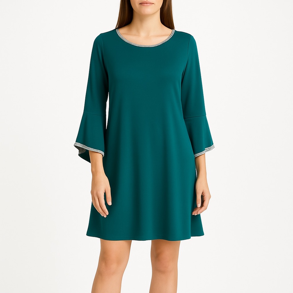 MSK Teal Rhinestone Trim Bell Sleeve Shift Dress Size Large